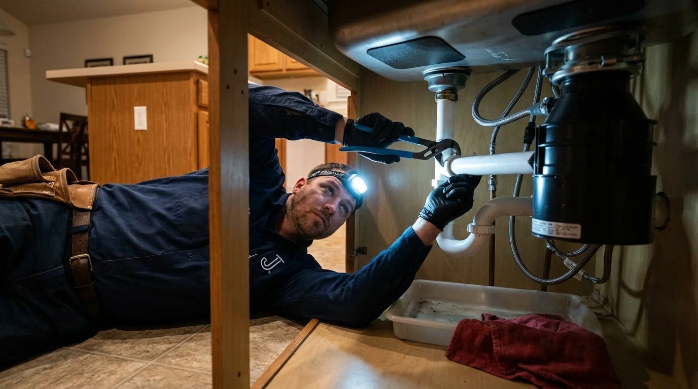 P-trap and supply line connections under a kitchen sink showing a common leak point in Highland, NY